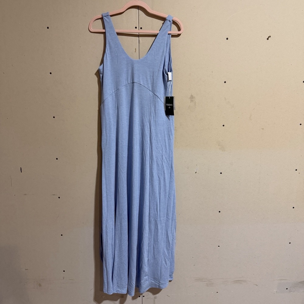 NWT Halara Fabric Science Double Slit V-Neck Maxi Dress Blue Soft Casual Small S
